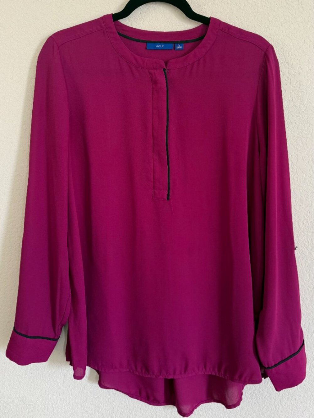 APT 9 Pink Blouse Size L Long Sleeve Zip Front Roll Tab Sleeve Lightweight Top